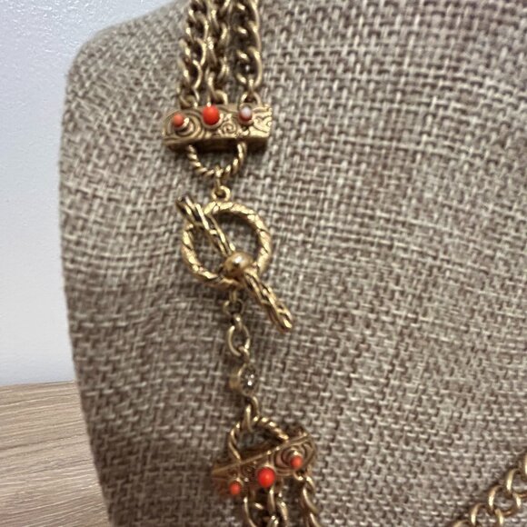 MONET triple strand goldtone necklace with brown & cream beads - Picture 2 of 6